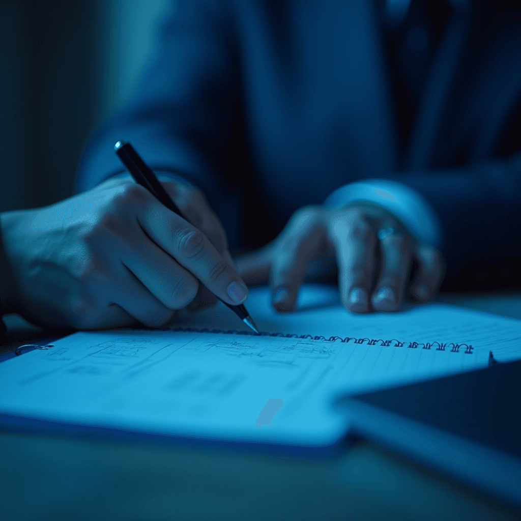 The image shows a close-up of a person's hand writing in a notebook. The setting seems to be an office or work environment, illuminated by a blue-tinted light, suggesting evening or night work. The person’s hand is using a black pen to write or take notes on lined paper, visible with sketches or diagrams. The background is blurred, highlighting the focus on the hand and the task. The ambient lighting creates a focused, calm atmosphere, evoking a sense of dedication and concentration.