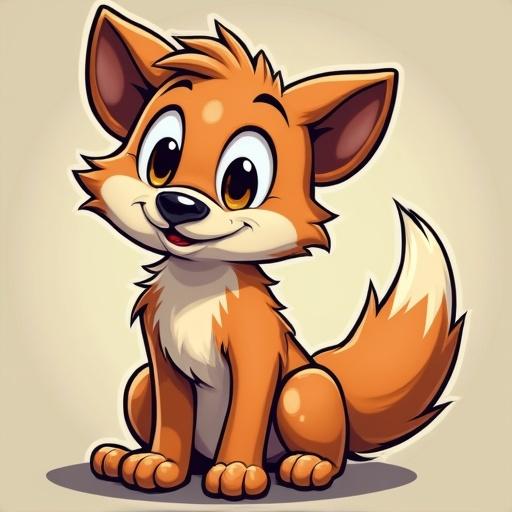 Cute cartoon fox sitting happily with expressive eyes and a fluffy tail. Character drawn in anime style with vibrant colors.