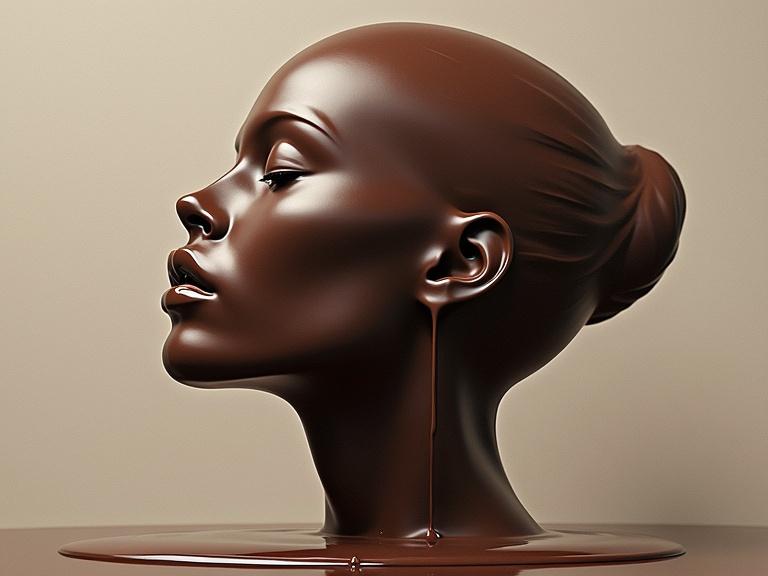 A minimalistic and surreal sculpture depicting a nude woman's profile made of chocolate. The sculpture appears to be melting into a pool of chocolate, creating an optical illusion.