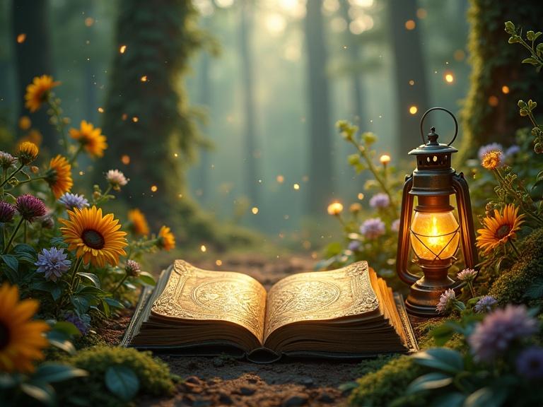 Hyperrealistic landscape format image of an open antique book in a magical forest. Book has dark leather covers with gold details and illustrated pages. Flowers like sunflowers and roses bloom around it. Lanterns hang from trees, illuminating the scene. Soft mist in the background.