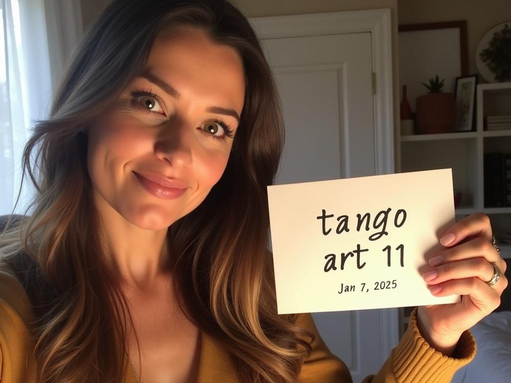 A woman poses for a casual selfie in a cozy setting. She holds a sign that says 'tango art 11' and beneath it, the date 'Jan 7, 2025' is noted. Her left hand shows a wedding ring on her ring finger, while her other fingers remain unadorned. The lighting in the room is soft, adding warmth to the atmosphere. She has long flowing hair that cascades over her shoulder, contributing to the relaxed vibe of the image. The background contains a hint of decor that suggests a homey environment.