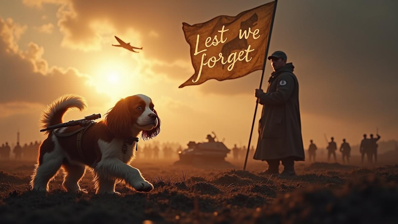 In a gloomy and dark setting, a fluffy brown and white cavalier king charles spaniel walks across a desolate battlefield. There is a mortar strapped to its back. Nearby, a figure wearing a cloak stands valiantly holding a flag with a dog emblem. In the background are a multitude of small soldiers and tanks, barely visible among the shadows. The sky is lit by the bright radiance of the sun. A jet fighter passes overhead. We see the text 'Lest we forget' boldly displayed, in bright, fiery writing.