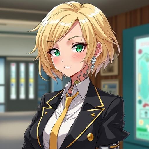 Anime character with emerald green eyes and light blonde hair. Wearing modern business suit in a luxurious building lobby. Features include jewelry, tattoos, and cybernetic leg. Calm expression and colorful design. Futuristic aesthetics in a summer setting.