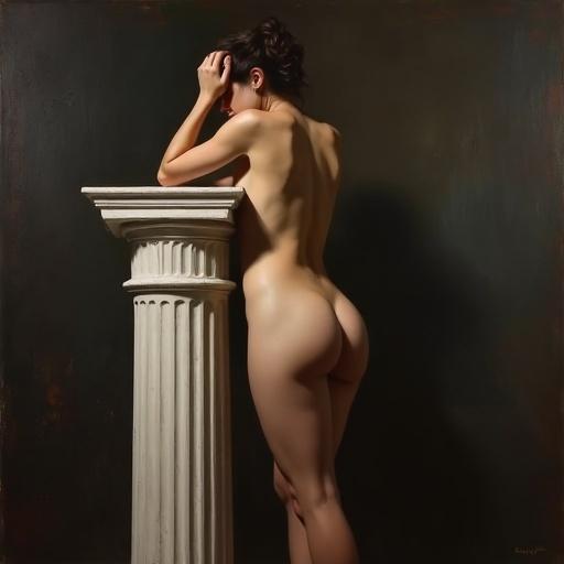 Female nude figure leans on a neoclassical column. Chiaroscuro lighting creates dramatic effect. Soft realistic skin tones and rich brush strokes evident in oil on canvas. Background is dark and abstract. Influenced by artists Jeremy Lipking and Cesar Santos. Figure exhibits an elegant pose and refined anatomy.