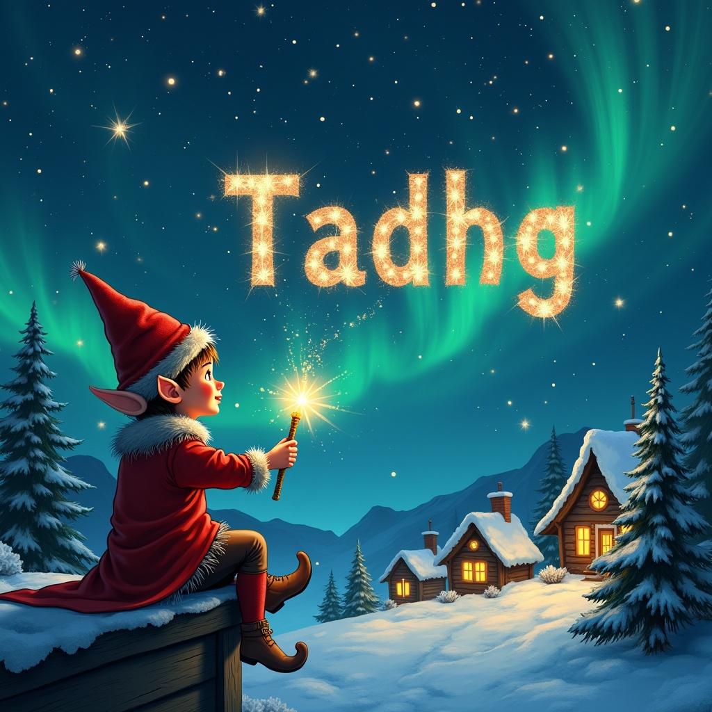 An elf writes the name Tadhg in sparkling letters with a wand. The elf wears a red outfit and hat. This scene has a starry sky with Northern Lights. Below is a snowy landscape with houses and trees. The atmosphere feels magical and enchanting.