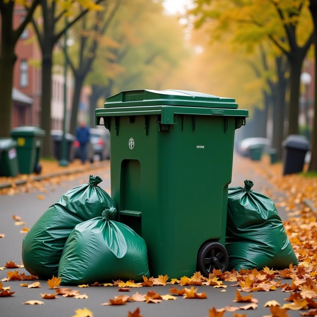 A green garbage bin located on an autumn street. Several green trash bags are placed beside the bin. Fallen leaves cover the sidewalk and street. The scene captures the essence of fall with vibrant colors.