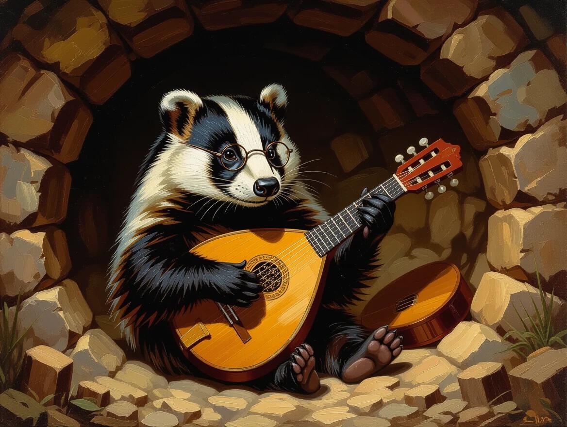 A cozy underground burrow filled with warm light. A wise old badger wears glasses and plays a rustic lute. Detailed oil painting with bold colors and visible brush strokes. The scene evokes comfort, creativity, and a touch of magic.