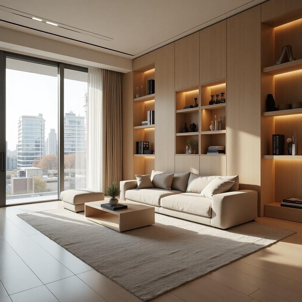 A modern CEO room showcasing parametric design. The room features a light beige sofa with minimalistic style. An open shelf filled with decor elements is mounted on the wall. Large windows allow for ample natural light. Elegant light wood flooring completes the look.