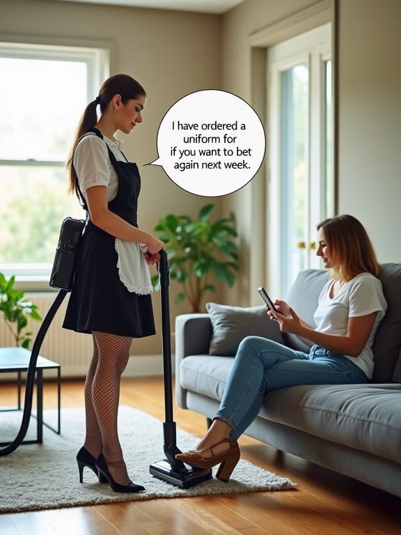 A modern living room with natural daylight. A maid vacuums, wears black and white uniform, fishnet stockings, glossy high heels. A woman in casual jeans and t-shirt sits on a grey couch, holding a smartphone. Speech bubble says 'I have ordered a pink uniform for if you want to bet again next week'. Room has beige walls, hardwood floor, glass coffee table, green plants. Photorealistic, high detail.