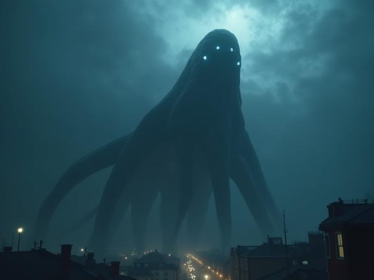 Image of a dark cinematic view in the sky. A large tentacle behemoth with a smooth body and glowing eyes. The creature emerges through foggy clouds above a town. The scene has realistic details, specular lighting, and dark blue tones.