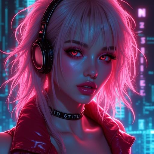 Ultra detailed retro synthwave character on an album cover. Neon pink hair, headphones, vibrant background, text: The Digital.