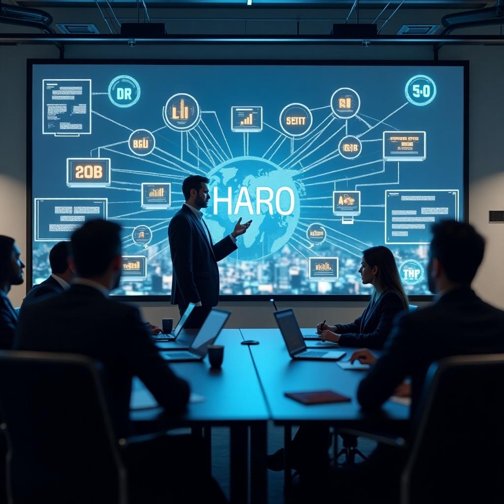 The image depicts a hyper-realistic corporate meeting in progress. A professional stands engagingly before an audience, analyzing data on a large presentation screen. The backdrop features a modern cityscape with floating digital screens, highlighting terms like HARO, B2B, and SOS. Various metrics such as domain authority graphs and backlink profiles are displayed. The atmosphere is focused and professional, emphasizing the interconnectedness of digital marketing data.