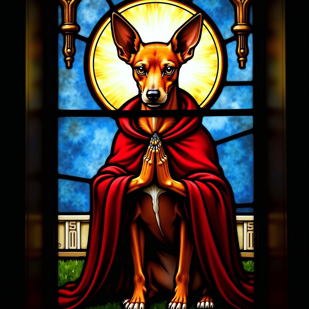Stained glass window design featuring a red miniature pinscher dog styled as a saint. Bright vibrant colors make it stand out. Depicts a religious symbol set in a church atmosphere. Decorative and intricate art form showing spirituality.