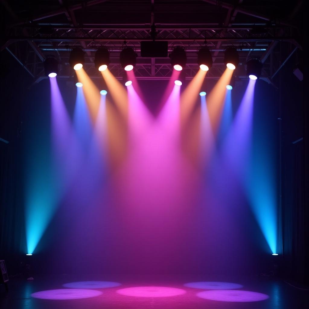 A stage with colorful lights glowing in patterns. Beams of warm white, soft pink, cool blue, light amber, warm amber, deep magenta, cyan, and soft green are directed towards the audience. A hazy atmosphere enhances the lighting effect.