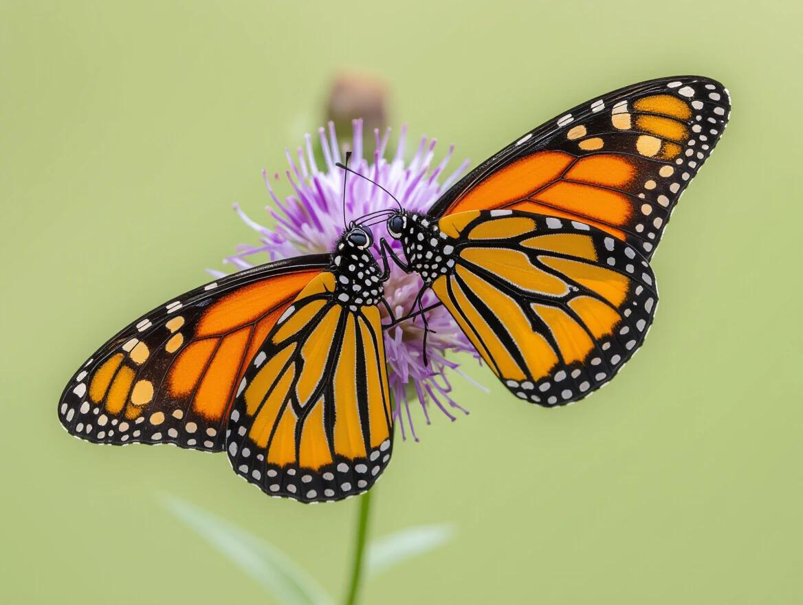 Monarch butterflies resting on a purple flower. Butterflies display vibrant orange and black wings. Flowers bloom in a natural setting. Emphasis on nature's beauty.