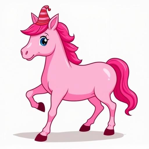 A cartoon illustration of a pink unicorn with a hat. The unicorn has a shiny mane and looks playful.
