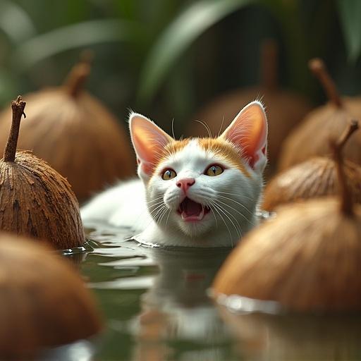 A cat swimming in a pool surrounded by coconuts. The cat is photorealistic. The scene captures bright, natural light.