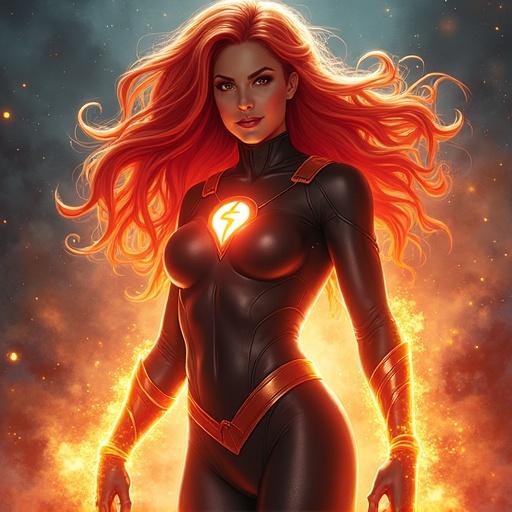A superhero character with long fiery red hair wears a black costume. The outfit features an emblem. The background has a dramatic fiery theme. The character has a confident stance.