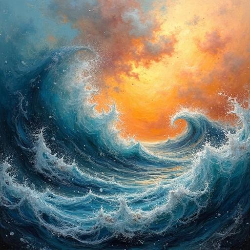 Abstract representation of a stormy sea. Focus on explosion of colors and forms. Fragmented shapes evoke emotion. Avoid literal waves or water imagery. Convey rhythm and balance through motion. Use contrasting tones for depth.