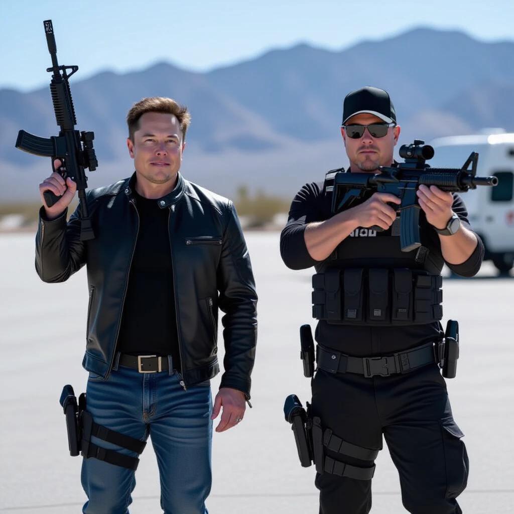 Two influential men stand in a desert landscape. Each man holds a firearm. One wears a leather jacket and the other wears tactical gear. Both men display confidence. Their stance suggests readiness. The background is a clear blue sky and mountains.