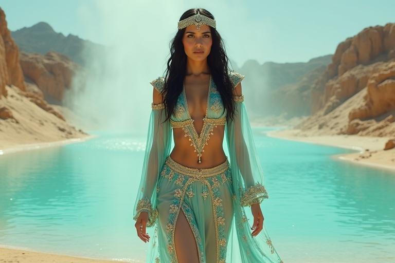 A tall model wearing a turquoise Arabian princess outfit. The outfit features ornate gold embroidery and shimmering sequins. She has shiny black hair and a bold jeweled headpiece. A magical wall of water is in front of her, and she looks mesmerized.