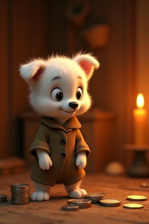 Small white puppy counting coins in candlelit room. Stands on two legs wearing tattered brown clothes. Smiling as coins stack up.