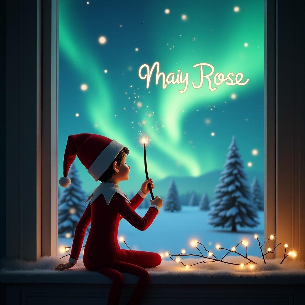 The image features a charming elf sitting on a windowsill, with its back facing the viewer. The elf is wearing a classic red outfit and a festive hat. It holds a magic wand, writing 'May Rose' in sparkling lights against the night sky. Outside the window, enchanting northern lights illuminate the winter landscape, filled with snow-covered trees. Twinkling lights are draped on the windowsill, adding to the cozy holiday atmosphere. The scene encapsulates a sense of wonder and holiday magic, evoking feelings of joy and nostalgia.