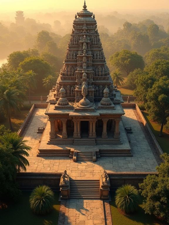 Bird’s eye view of ancient South Indian temple featuring Dravidian style. Temple with intricate carvings, pillared mandapas, gopurams, and a full complex layout visible. Includes sanctum, courtyard, gateways, shrines, pathways, and walls. Surrounded by palm trees and small tank with natural landscape. Early morning sunlight, realistic textures, peaceful ambiance. Cinematic style.