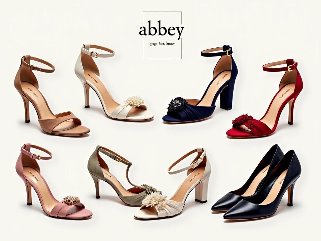 This image showcases a variety of elegant high-heeled shoes from the brand Abbey. The arrangement features different colors and styles, including strappy sandals and classic pumps, designed for various occasions. Each shoe has unique detailing, such as floral embellishments. The background is a simple, soft color that emphasizes the shoes. The overall presentation highlights a chic, fashionable aesthetic suitable for a retail display.