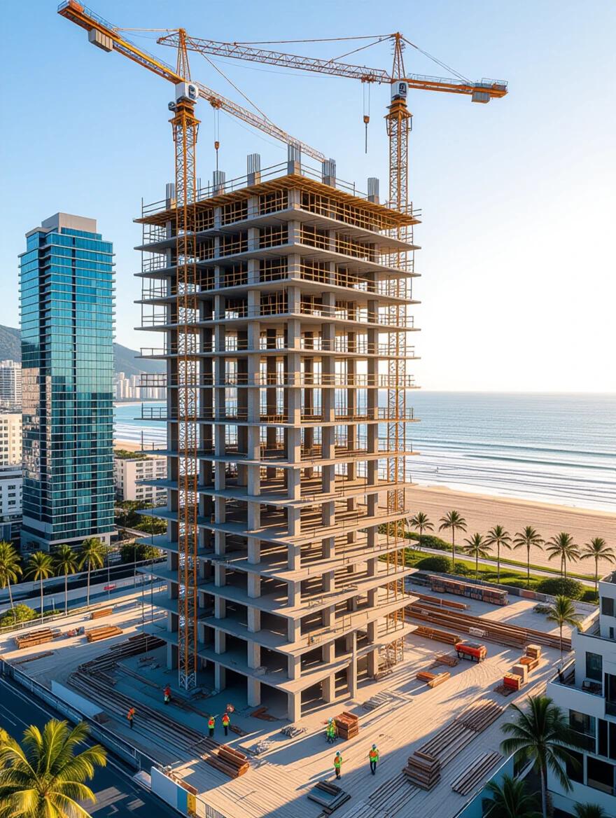 A modern high-rise building is under construction in Balneário Camboriú. Cranes are towering above the structure. Scaffolding surrounds upper floors. Construction workers are visible at different levels wearing helmets and vests. Glass skyscrapers and palm trees are nearby. The beach and ocean are in the background under warm sunlight casting shadows.