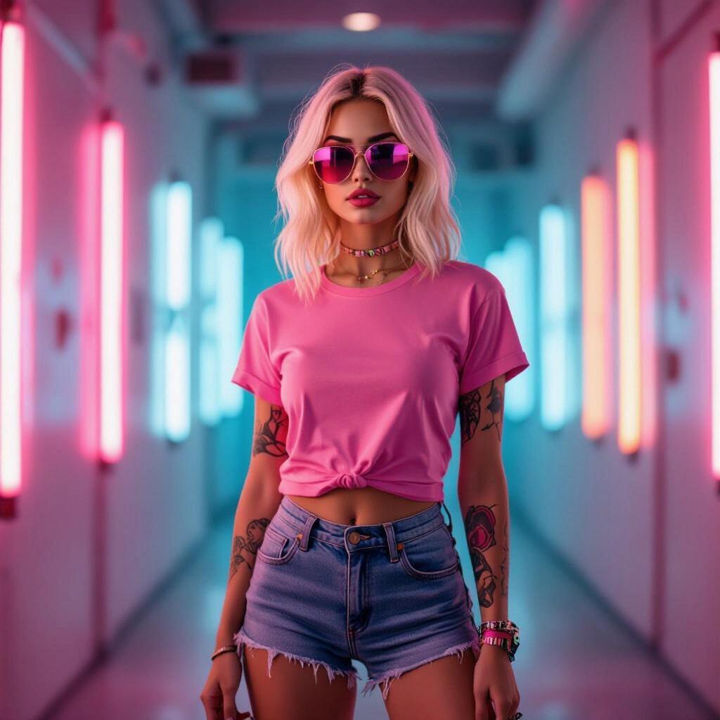 Portrait of a confident blonde female in a pink t-shirt and sunglasses standing in a colorful, softly lit corridor with neon lights. The subject has tattoos and a power stance indicative of trendy fashion. The overall feel is glamorous and dreamy.