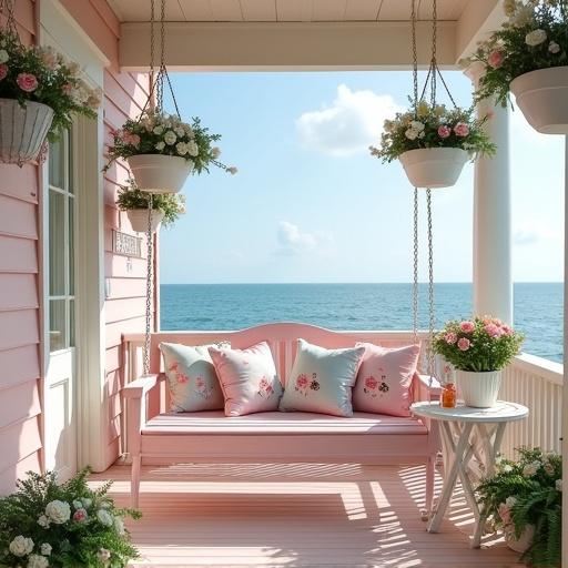 A light pink and white porch. Shabby Chic Cottage style swing with printed pillows. Hanging baskets with hydrangea and roses. Wicker table with strawberry lemonade. Plant stand with fern. Beach view with blue sky and clouds.