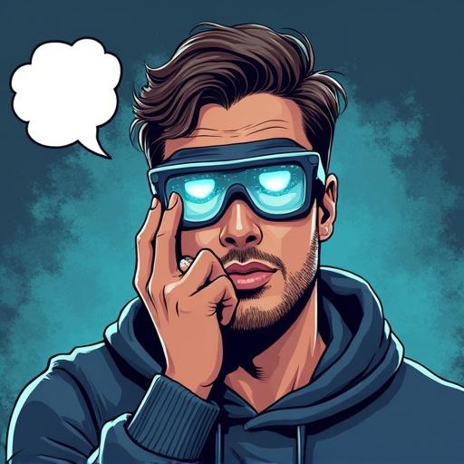 Comic-style male character with hand on face wearing AR glasses and hoodie. Digital background with sarcastic comic bubble. Facial expression is exaggeratedly confused.