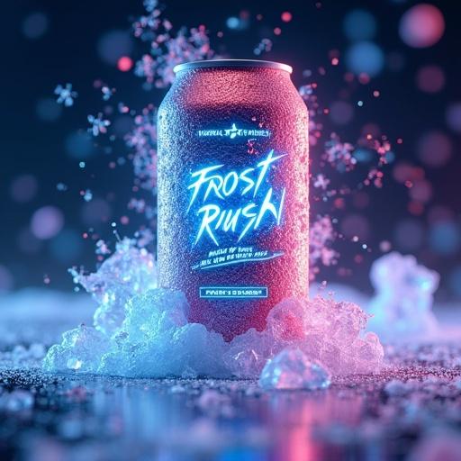 A futuristic ad of FrostRush drink can surrounded by icy vapors. Holographic effects in the background. Frozen fruit bursts add vibrancy. Typography states Fuel the Freeze. Designed for Instagram carousel.