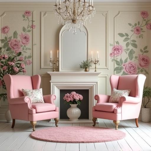 Cream color living room with light pink and sage green accents. Features pink wingback chairs and rose print pillows. Includes a vase of pink roses and a crystal chandelier. Showcases Louis XIV furniture and a pink oval rug on white wooden floor. Elegant light ivory wallpaper with pink rose print and sage green leaves.