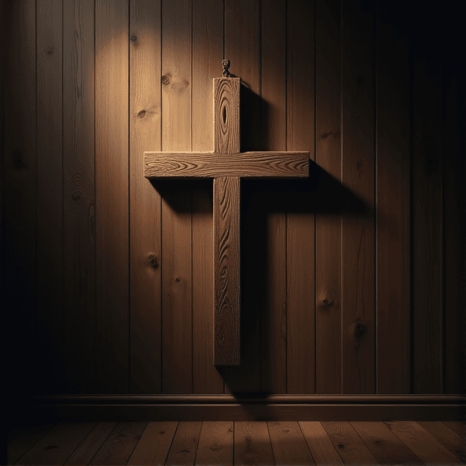 A wooden cross is mounted on a wooden wall with dramatic lighting creating shadows.