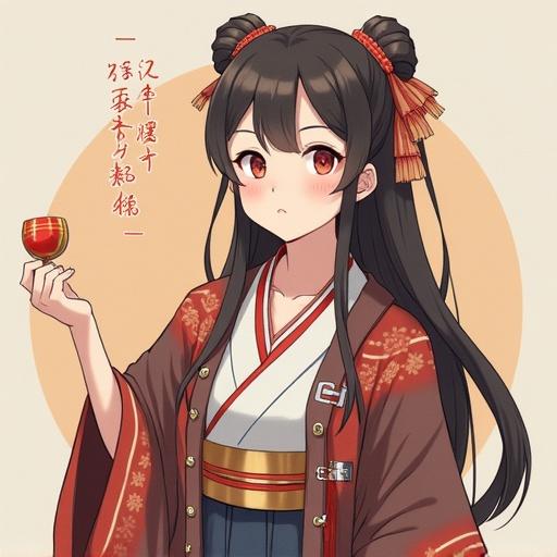 Illustration of a female character inspired by ancient Chinese nobility. She has black hair styled with ribbons and is wearing a traditional outfit. She is holding a small cup, looking gently at the viewer.