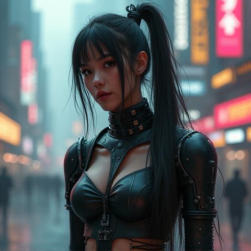 Scene of a female figure wearing a dark hoodie in a futuristic city. Neon signs and buildings surround. The atmosphere is moody and dynamic. The focus is on the outfit and the urban environment. Capture the essence of cyberpunk style.