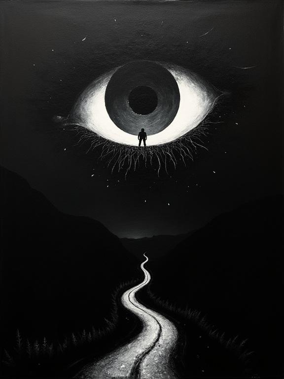 An extremely rough oil painting features a large stylized silhouette eye on a black background. The eye contains a cosmic void. The title 'That Familiar Static' and the name 'H. Bellerose' are written in manic cursive. A winding road leads from the bottom to the eye, with a silhouette of a rural town in the distance.