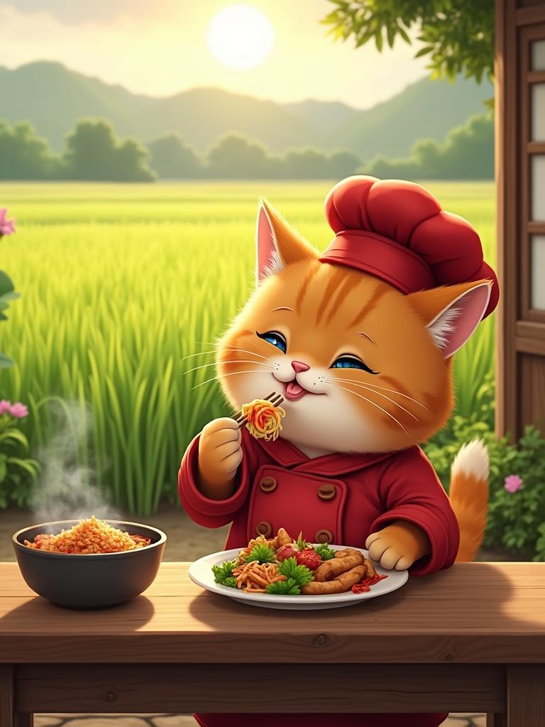 A chubby orange cat with soft fur sits on a wooden bench. The cat wears a red chef jacket and a tilted red chef hat. The cat enjoys a beautiful plate of food in front. Sunsets illuminate the rice paddies in the background. The atmosphere feels peaceful and content.