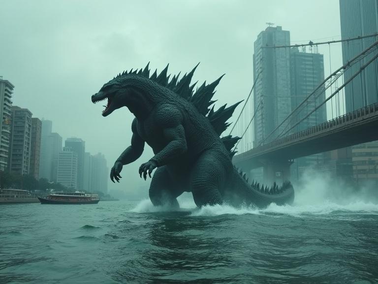 Create an image of a large black Godzilla monster crouching and roaring. The monster has dark green glowing dorsal spines and is partially submerged in a river. It creates foam and waves under a bridge next to a city with tall buildings and small boats. The atmosphere is dark and cloudy with realistic textures and effects.