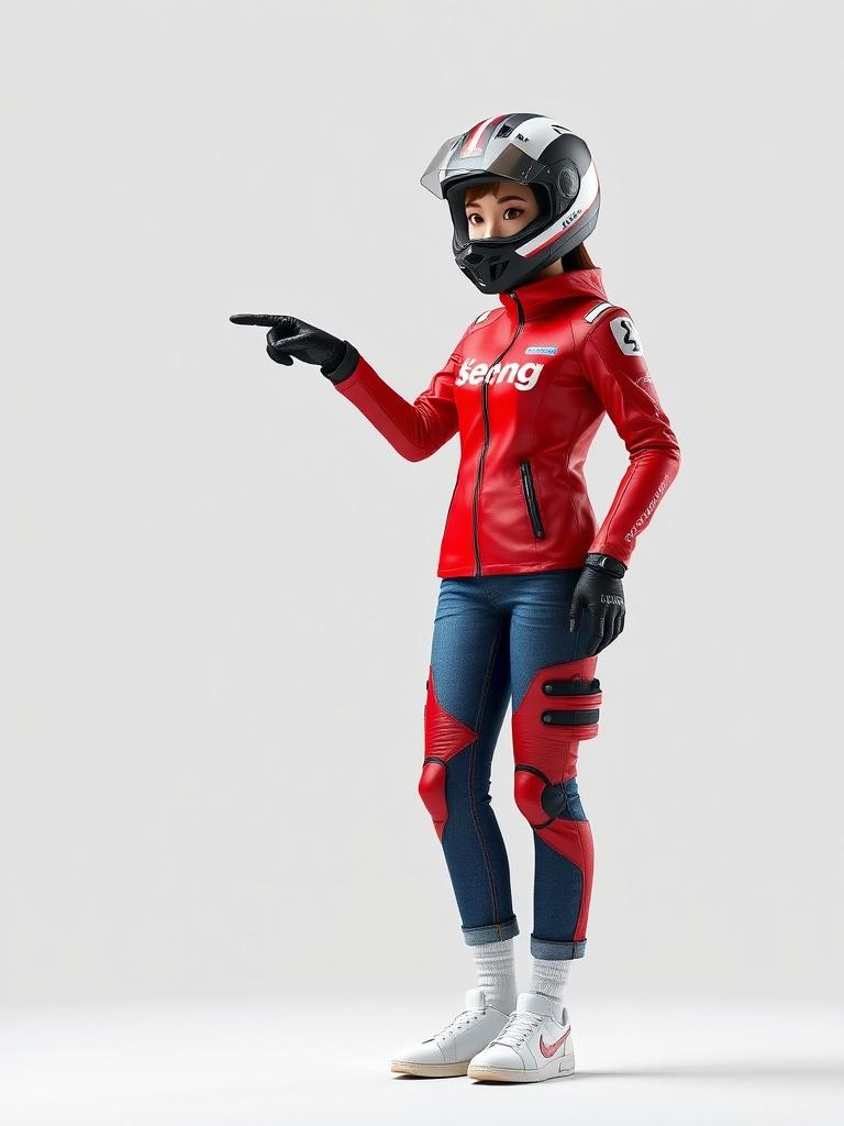 A cartoonish biker in red gear and a helmet pointing confidently.