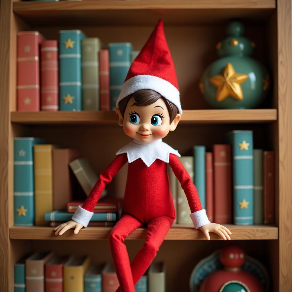 Elf on a shelf with cute features. Tan color and stylish hair. Positioned on a cute bookshelf. Surrounded by colorful books and festive decor.