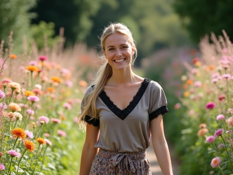 Woman in a flower garden exuding confidence and cheer. Taupe-gray v-neck top and floral patterned skirt. Long blonde hair styled back. Warm smile. Path lined with pastel flowers and greenery. Soft natural light and slight blur in background. Casual portraiture style.