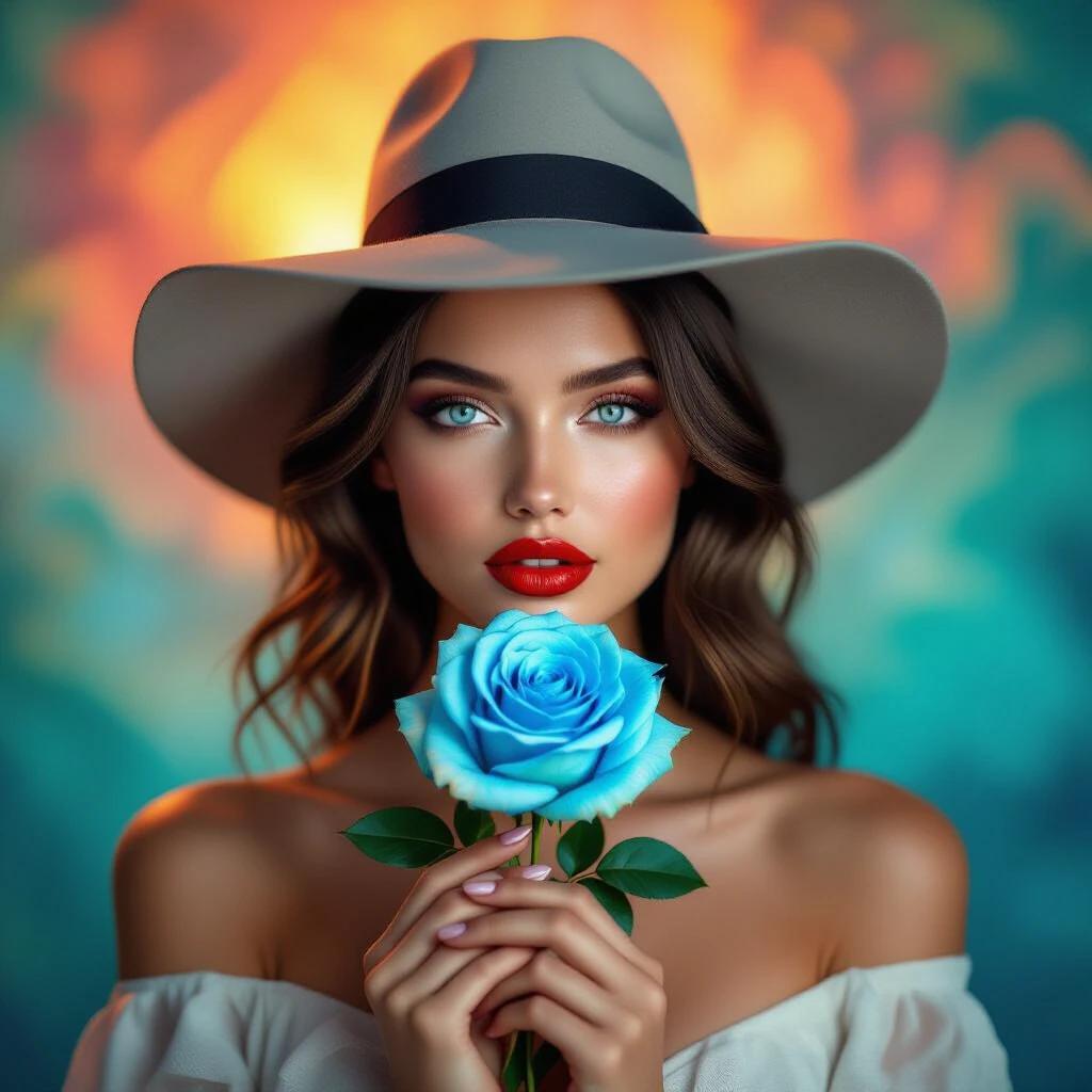 A young woman with captivating blue eyes wears a wide-brimmed hat. She holds an ethereal blue rose. Vivid colors swirl behind her in a psychedelic backdrop. Bright orange and teal create a dreamlike atmosphere. The mood is a blend of allure and serenity.