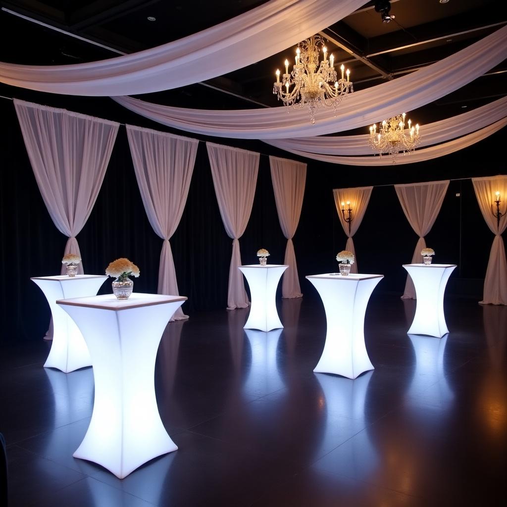 The image depicts an elegant cocktail reception room designed with black and white drapery. The space features glowing cocktail tables that enhance the ambiance. Soft, warm lighting adds to the inviting atmosphere. Several tables are adorned with small floral arrangements. An overall sophisticated setup suitable for formal events is presented, with a suggestion to include light-up letters saying '5ft UNCF' in the design.