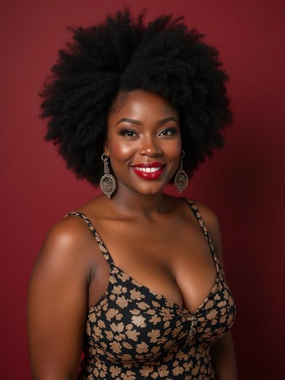 Portrait of a black woman with an afro hairstyle wearing lipstick and a stylish outfit against a deep red background.