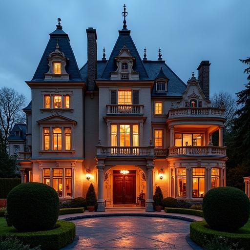 Image of a grand hotel resembling a mansion with detailed architecture. Warm evening lighting creates an enchanting atmosphere. The hotel features inviting design and prominently showcases architectural details. It's an inviting and elegantly designed setting.