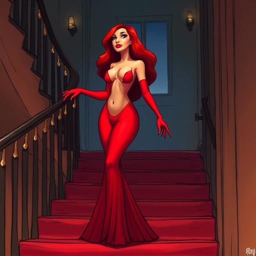 Jessica Rabbit ascending a staircase in a stunning red dress. Character design showcases glamorous and bold features with a sleek silhouette.