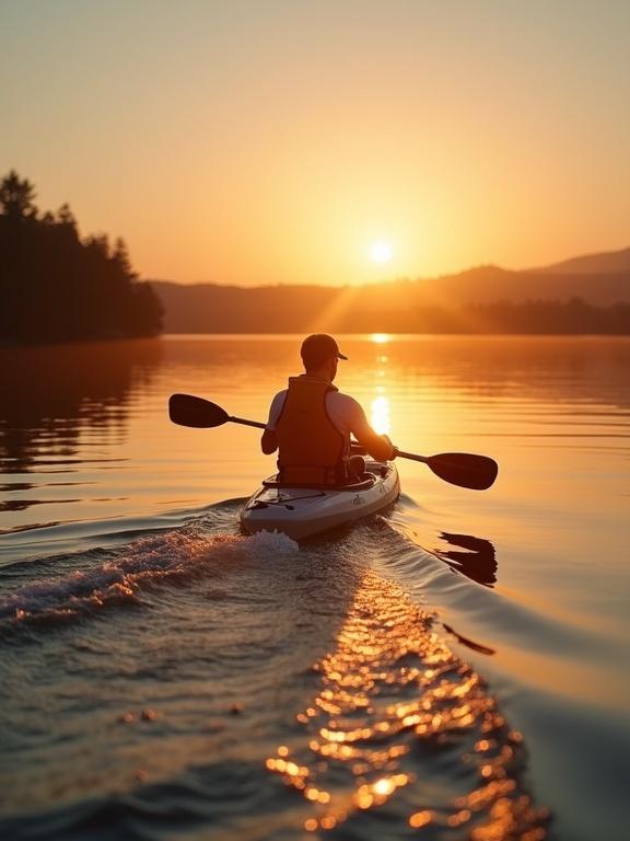 Person kayaking across calm lake during warm sunset. Motion captured in water behind kayak. Scenic atmosphere and tranquil surroundings.